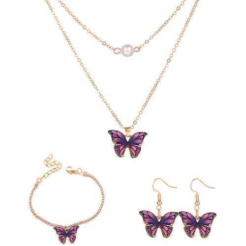 Kgabery-3pcs Ensemble De Bijoux Pour Femme Fille Pendentif Perles Papillon Élégante Réglable Collier Bracelet Boucles D'oreilles Parure De Bijoux Fête Anniversaire Noël Saint-Valentin