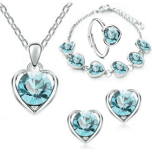 Kgabery-Ensemble De Bijoux Pour Femme Et Fille Argent Coeur Cristal Pendentif Collier Boucles D'oreilles Bracelet Et Bague Ensemble Fête Anniversaire Noël La Saint-Valentin Cadeaux