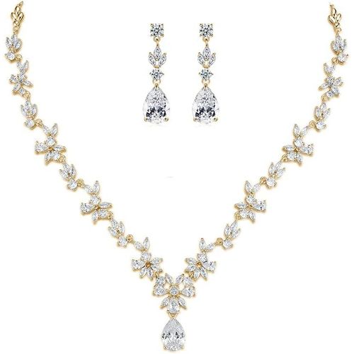 Kgabery-Bijoux Parure Collier Et Boucles D'oreilles Fleur Feuille Pendentif Goutte D'eau Parures De Mariage Soirée