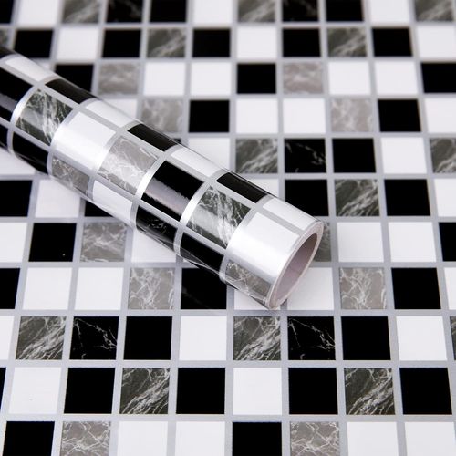 Sticker Meuble Mosaique Noir Et Blanc Autocollant Vinyle Imperméable 44X400 Cm Avec Motif Marbré Éclair Convient Pour Film Adhésif Salle De Bain Et Cuisine[JIA5289531]