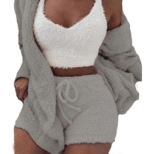 Pyjama 3 Pièces À Manches Longues À Manches Longues À Manches Longues Pour Femmes À La Maison Et Costume De Gilet Pour Femmes Avec Manteau Et Short Ouverts Et Gilet Costume Garder Au Chaud (M)