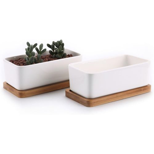 ChenQuanSarl-Cm Pot De Succulent En Céramique Avec Plateau En Bambou Blanc Lot De 2, Cactus Plante Planteur Cache Pot Jardinière Contenant Cadeau Pour Anniversaire Mariage