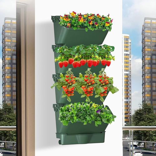ChenQuanSarl-Lot De 4 Jardinières, Pots De Fleurs Muraux Verticaux Empilables, Avec Bac À Eau, Pour Balcon, Abri De Jardin