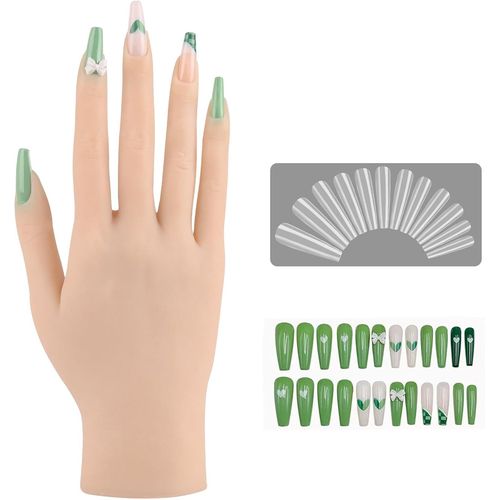 Ytseazn-Silicone Main D'entrainement Manucure Kit Mains Artificielles Réalistes De 22 Cm Et 528 Faux Ongles En Acrylique Pour Prothésiste Ongulaire Photographie Présentation (Droite,Peau Claire) 