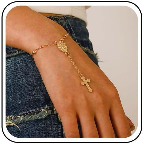 Ytseazn-Bracelet De Chaîne De Croix De Boho Bracelet De Croix De Pièce D¿Or Chaîne De Main Bracelet De Chaîne De Perles Bracelet De Pendentif De Croix Pièce Monnaie Bracelet Perles Croix Chapelet