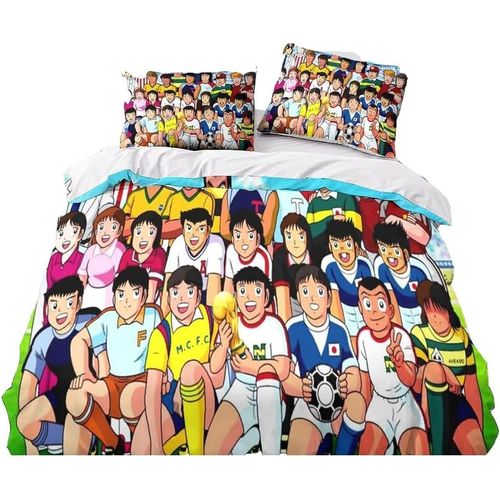 Captain Tsubasa Parure De Lit Pour Enfant Garçon Et Fille Avec Housse De Couette 135 X 200 Cm Et Taie D'oreiller 80 X 80 Cm + Drap-Housse Motif Football (B, 135 X 200 Cm + 80 X 80 Cm)