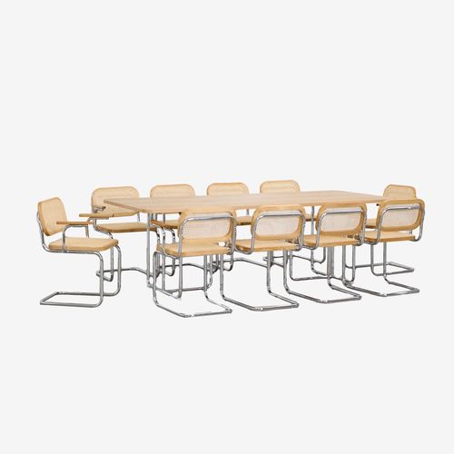 Ensemble De Table Rectangulaire 240x100 Cm En Mdf Et Acier Inoxydable Et 10 Chaises De Salle À Manger Avec Accoudoirs Tento Placage De Frêne