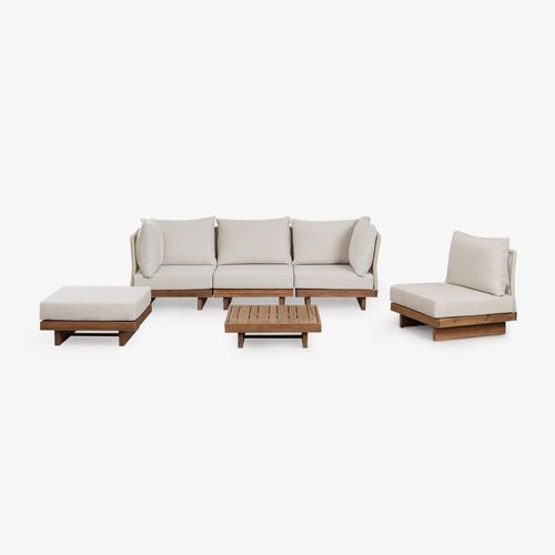 Ensemble De Jardin Avec Canapé D'angle Modulable 4 Pièces, Table Basse Et Pouf En Bois D'acacia Dailin. Brun Acacia