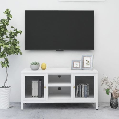 Vidaxl Meuble Tv Blanc 105x35x52 Cm Acier Et Verre