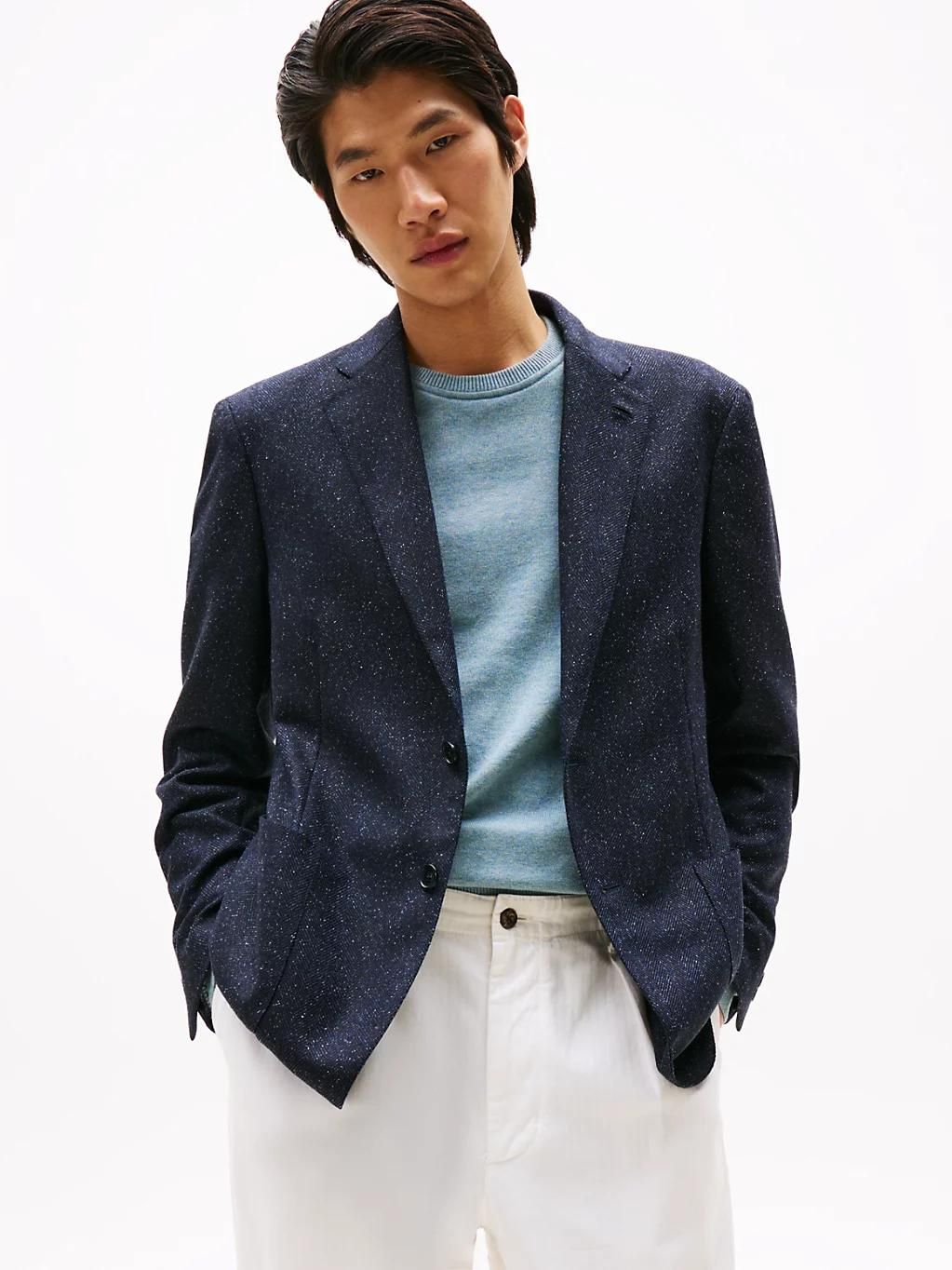 Blazer Droit À Tissage Chevron Avec Laine Soft Herringbone Fabric/Blue - 52