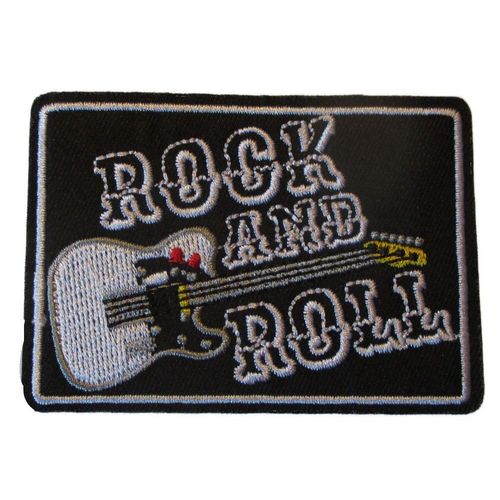 Patch Rock And Roll Avec Guitare 9x6 Cm Écusson Thermocollant Rectangulaire