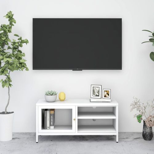 Vidaxl Meuble Tv Blanc 90x30x44 Cm Acier Et Verre