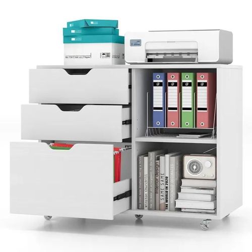 Meuble Des Documents Mobile Bureau Costway 3 Tiroirs&étagères Réglables&roulettes Pour Lettre, A4, 81x40x66,5cm Blanc