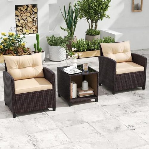Ensemble Table Et Chaises De Jardin 3 Pièces Costway, Rotin Pe, Coussins, Plateau En Verre Trempé, Pour Terrasse Patio Balcon