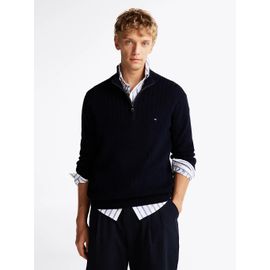 Pull Tissage Chevron À Demi-Zip Herringbone Structure Zip Mock/Navy Blue - Xxxl