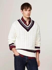 Pull En Maille Torsadée Et Laine Majoritaire Gifting Cable Cricket V Neck/Ivory - Xxl