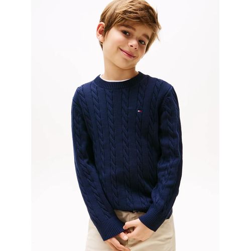 Pull En Maille Torsadée Col Ras-Du-Cou Crew Neck Cotton Cable Sweater/Dark Blue - 116 Cm