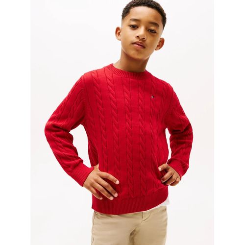 Pull En Maille Torsadée Col Ras-Du-Cou Crew Neck Cotton Cable Sweater/Red - 176 Cm