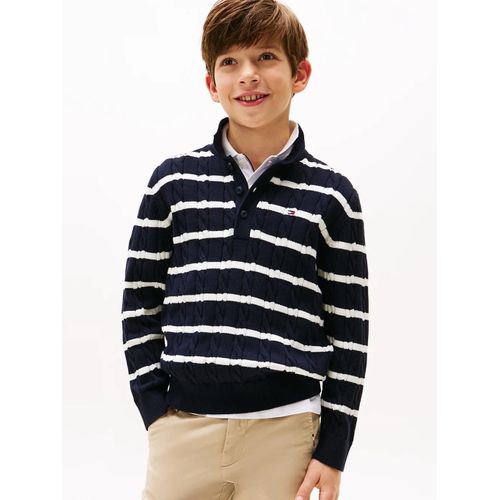 Pull Style Polo En Maille Torsadée Polo Neck Cotton Cable Sweater/Dark Night Navy Ivory Petal Stripe - 152 Cm