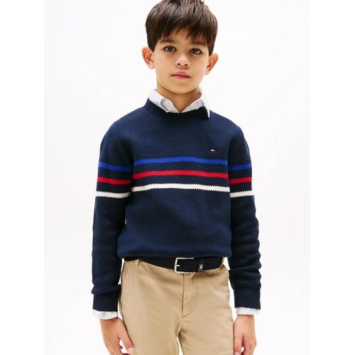 Pull Texturé À Rayures Crew Neck Cotton Sweater/Dark Blue - 86 Cm