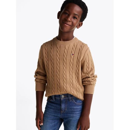 Pull En Maille Torsadée Col Ras-Du-Cou Crew Neck Cotton Cable Sweater/Light Brown - 80 Cm
