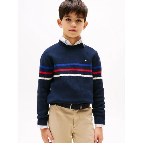 Pull Texturé À Rayures Crew Neck Cotton Sweater/Dark Blue - 110 Cm