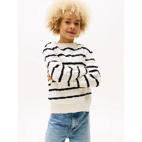 Pull En Maille Torsadée Col Ras-Du-Cou Crew Neck Cotton Cable Sweater/Ivory Petal Dark Night Navy Stripe - 110 Cm