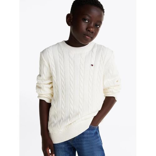 Pull En Maille Torsadée Col Ras-Du-Cou Crew Neck Cotton Cable Sweater/White - 74 Cm