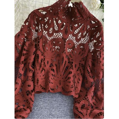 Veste Femme T36 Perforée Dentelle Rouge Bordeaux