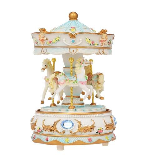 Mini Château D'horlogerie De Carrousel Dans La Boîte À Musique De Ciel Led Coloré Cadeau Musical De Manège, Bleu