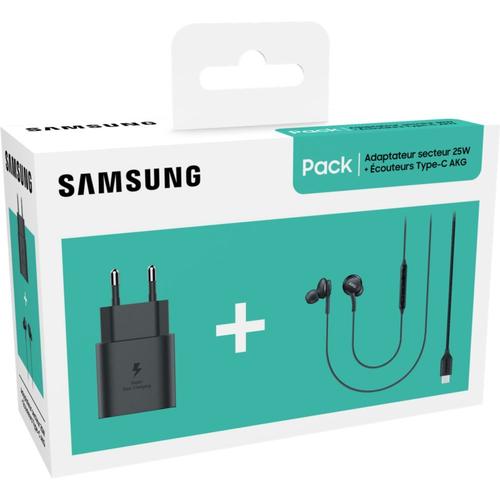 Pack Kit Pieton Adaptateur Secteur Samsung Ultra Rapide 25w Noir + Ecouteurs Filaires Intra Auriculaires Type C Akg Noir