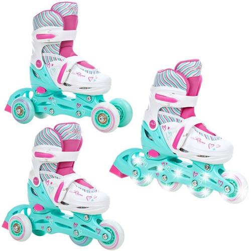 Roller En Ligne Loret Roues Led Du 30 Au 33 + Patin A Roulette + Triskate Enfant Mixte Taille Ajustable Blanc/Bleu/Rose Raven