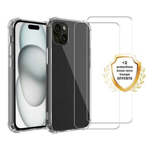 Coque Iphone 15 Plus Antichoc Silicone Bords Renforcés + 2 Vitres En Verre Trempé Protection Écran Evetane