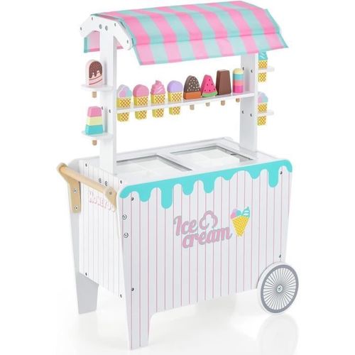 Costway Marchande Enfants 12 Accessoires - Chariot À Crème Glacée En Bois 65 X 31 X 87 Cm Pour Enfants 3 Ans+
