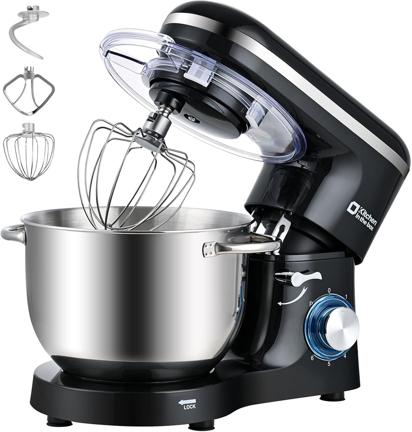 KGABERY-Robot Pâtissier 1400W,Bol 6,2L En Acier Inoxydable,6 Vitesses,Fouet,Crochet Et Batteur Inclus,Idéal Pour Pâtisserie Et Boulangerie (Noir)