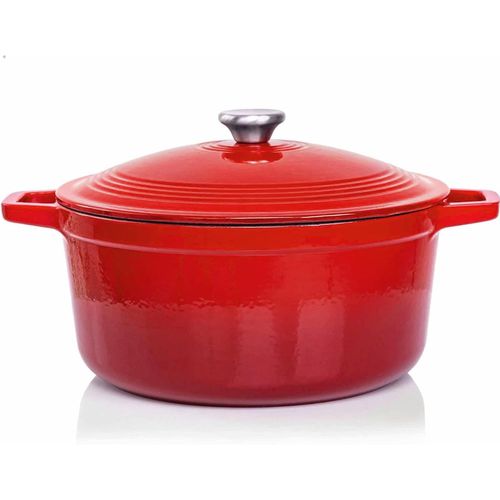 Kgabery-Cocotte Fonte Émaillée Rouge 6l 28cm,Faitout Ultra Résistant,Marmite Compatible Induction/Gaz/Four,Cuisson Homogène,Saveurs Authentiques,Couvercle Relief