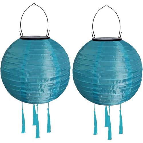 Lot De 2 Lampions Solaires D'extérieur Résistants Aux Intempéries - 30 Cm - Avec Pompon - Étanche - En Nylon - Pour L'extérieur - Pour Jardin, Balcon - Bleu