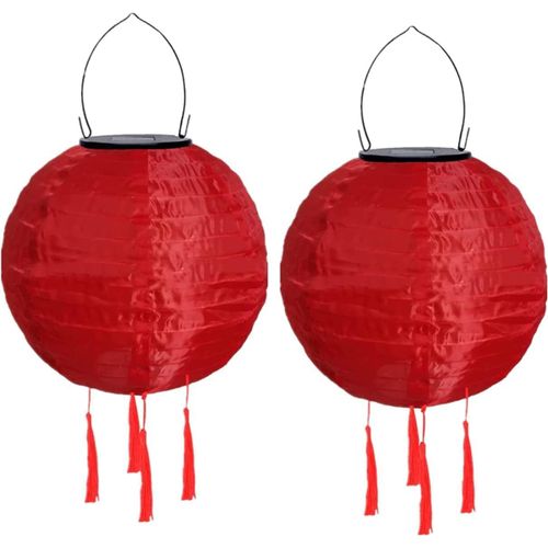 Lot De 2 Lampions Solaires D'extérieur Résistants Aux Intempéries - 30 Cm - Avec Pompon - Étanche - En Nylon - Pour Extérieur - Pour Jardin, Balcon - Rouge