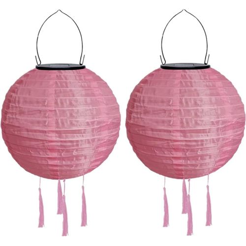 Lot De 2 Lampions Solaires D'extérieur Résistants Aux Intempéries - 30 Cm - Avec Pompon - Étanche - En Nylon - Pour L'extérieur - Pour Jardin, Balcon - Rose