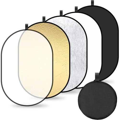 KGABERY-5 En 1 Réflecteur De Lumière Ovale Pliable Reflecteur Lumiere Photo Pour La Photographie De Mariage Portrait Selfie Pour Studio Et Éclairage Extérieur 60 * 90Cm (Translucide/Argent/Or/Blanc/Noir)
