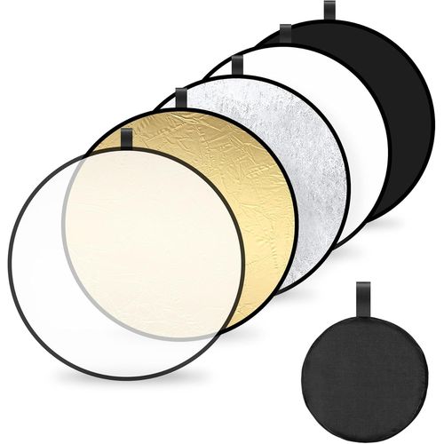 KGABERY-5 En 1 Réflecteur De Lumière Rond Pliable Reflecteur Lumiere Photo Pour La Photographie De Mariage Portrait Selfie Pour Studio Et Éclairage Extérieur 80Cm (Translucide/Argent/Or/Blanc/Noir)