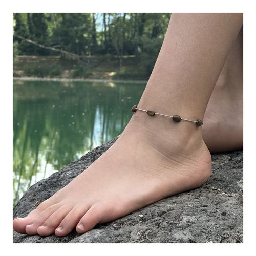 Bracelet De Cheville 5 Perles Oeil De Tigre D'afrique Du Sud Chaîne En Fabriqué En France.