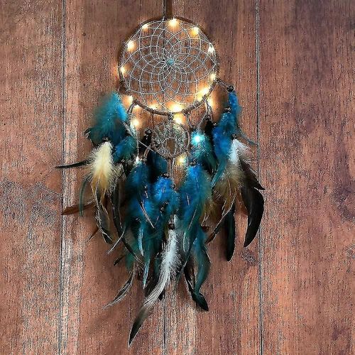 Attrape-rêves Arbre bleu de vie avec plumes, lumières de fées à led mobiles Indiennes faites à la main Filet circulaire traditionnel pour la décoration murale, chambre à coucher enfants
