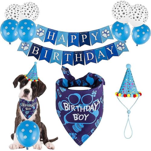 Bandana D¿Anniversaire De Chien, Écharpes De Chapeau De Garçon De Chien Ballon De Drapeau Avec Mignon Doggie Birthday Party Fournitures Décorations (Ensemble De 11 Pièces)