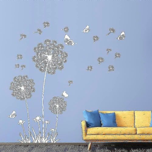Pissenlit Stickers Muraux Flower Wall Decals Papillons Flying Wall Décors Art Stickers For Bedroom Living Room Canapé Backdrop Tv Wall Decor (Blanc
