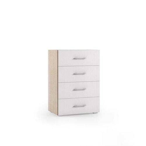 Commode Moderne Fazzio Structure Chêne Façade Blanc 4 Tiroirs 1 Étagère