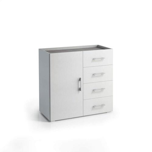 Commode Moderne Fazzio Structure Blanc Étagère Ciment 1 Porte 4 Tiroirs 1 Étagère