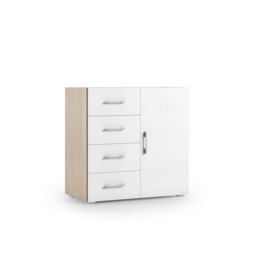 Commode Moderne Fazzio Structure Chêne Façade Blanc 1 Porte 4 Tiroirs 1 Étagère