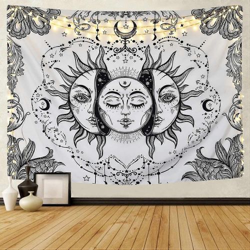 Tapisserie Murale De Tarot Mandala Tapisseries Psychédéliques Bohème Indiennes Noir Blanc Lune Et Soleil Mur Pendage Drap De Lit Décor Mural Pour Chambre Salon