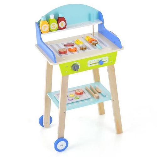 Costway Jouet Barbecue Grill En Bois Pour Enfants 3 Ans+, 21 Accessoires, Avec Roues, Son Réaliste Cadeaux Idéal